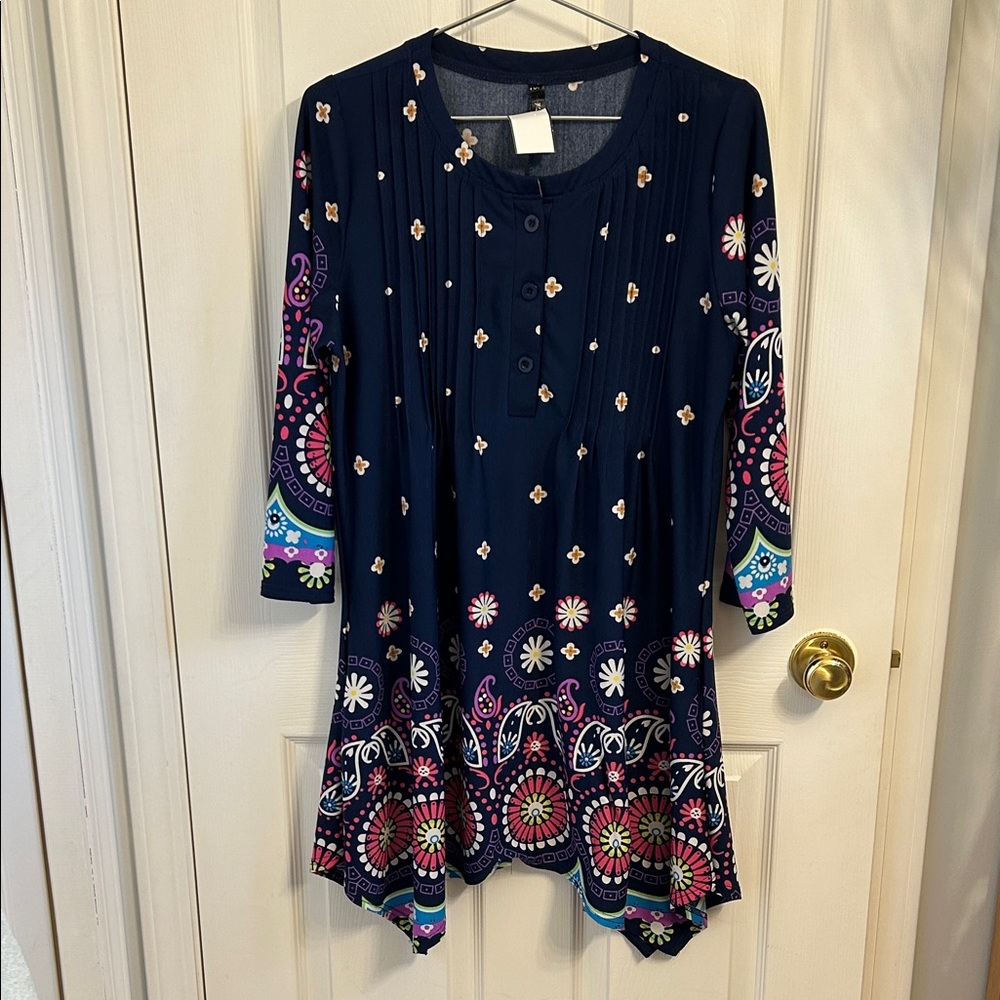 White Mark Navy and Pink Patterned Midi Dress